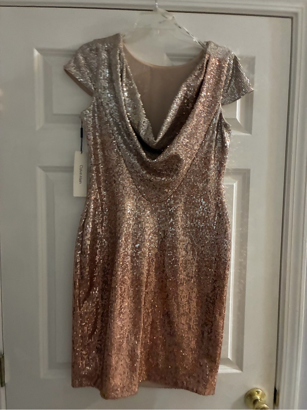 Gorgeous Calvin Klein Rose Gold Sequin Cowl Neck Midi Dress